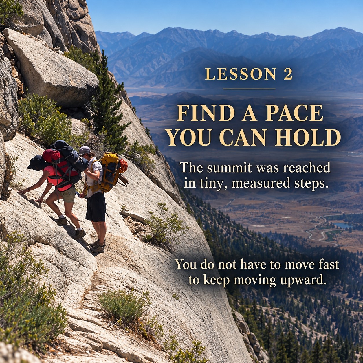 Lesson 2: Find a Pace You Can Hold. The summit was reached in tiny, measured steps. You do not have to move fast to keep moving upward.